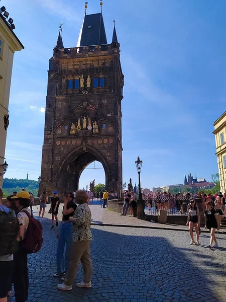 Prague Czech Republic May 2022 People Walking Historic Charles Bridge — стоковое фото