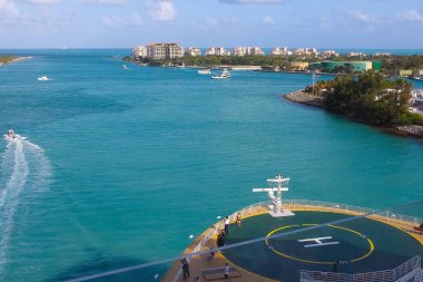 Miami, USA - April 24, 2022: Panorama of luxury apartments in port of Miami - view from cruise liner