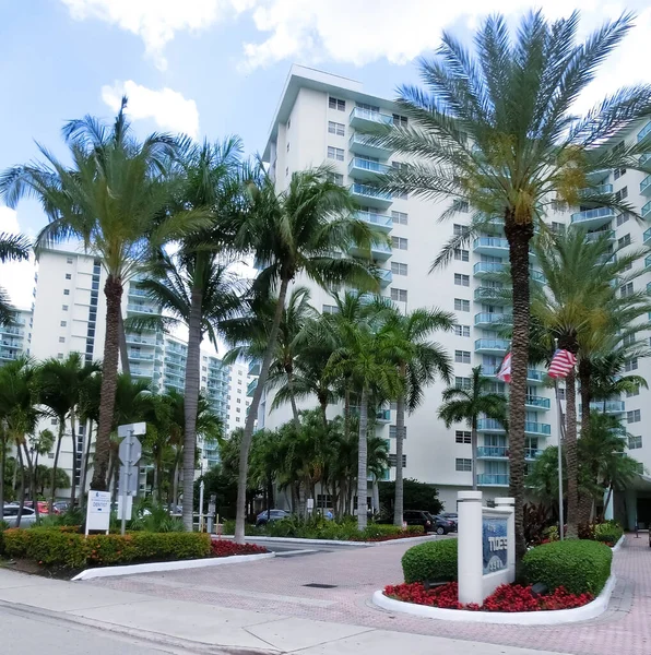 Miami, ABD - 24 Nisan 2022: Miami, Usa 'da palmiye ağaçları olan modern apartmanlar