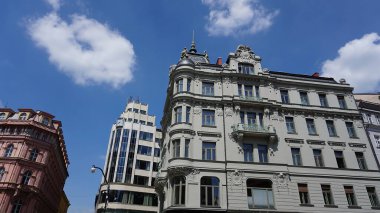 The facade of old house and old architecture in old town at Prague, Czech Republic