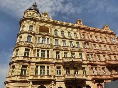 The facade of old house and old architecture in old town at Prague, Czech Republic