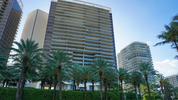 Modern apartment buildings with palm trees at Avenue at Miami, Usa