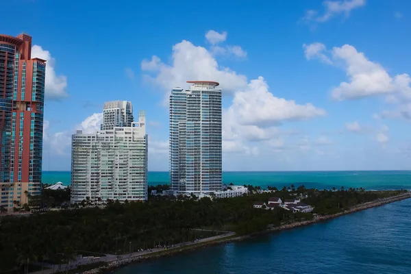 Panorama of luxury apartments in port of Miami - view from cruise liner