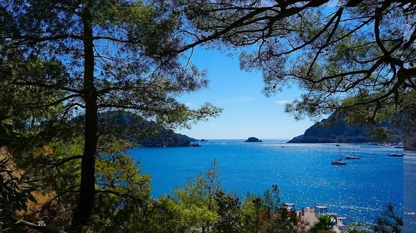 マーマリスタウンでのアイスラービーチの景色 トルコの地中海沿岸の夏の風景 松の枝を通して湾と山の景色 — ストック写真