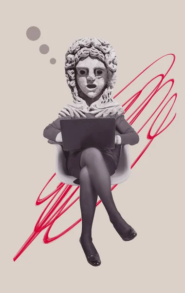 Creative art design of minded positive person think use netbook for chatting people isolated on drawing background. Funny buisnesswoman as blogger with statue head sitting with laptop