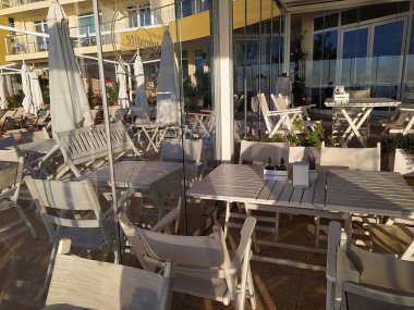 Nesebar, Bulgaristan - 13 Eylül 2022: Bulgaristan 'ın Nessebar kentinde Afrodit Beach Hotel 4 yıldız