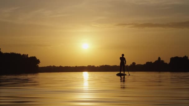 Жіночий силует на дошці весла на заході сонця — стокове відео