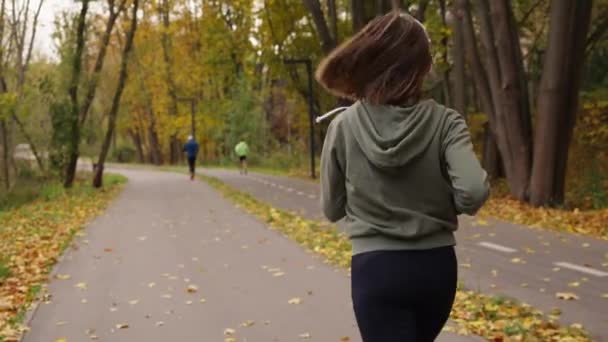 Slow Motion Sportig Kvinna Med Hörlurar Jogga Parken Höstdagen Fallna — Stockvideo