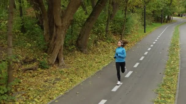 Підійде Жінка Навушниками Бігають Дорозі Парку Повільному Русі Опале Листя — стокове відео