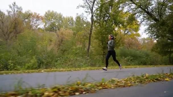 Повільний рух жінка біжить проти лісу восени — стокове відео