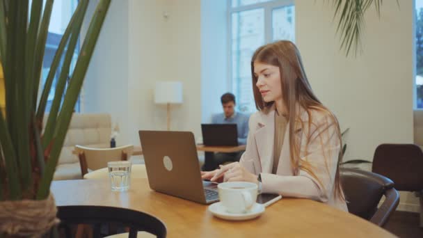 Vrouwelijke freelancer werkt op laptop in café — Stockvideo