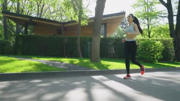 Frau joggt an sonnigem Morgen im Park — Stockvideo