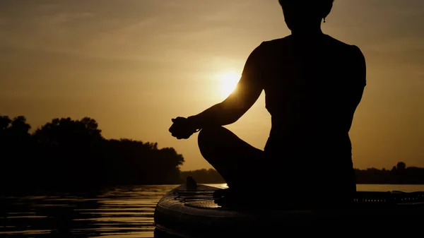 Silhouet van de yogi vrouw die mediteert op SUP boord bij zonsondergang Rechtenvrije Stockfoto's