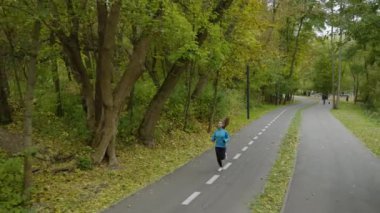 Genç bir kadın sabah sonbahar parkında koşuyor.