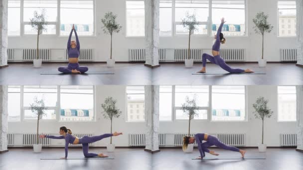 Collage mujer practicando yoga en estudio — Vídeos de Stock