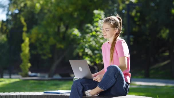 Kobieta dzwoniąca wideo przez laptopa w parku — Wideo stockowe