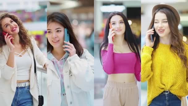 Colagem de mulheres jovens que se comunicam pelo telefone — Vídeo de Stock