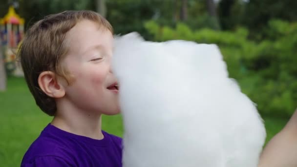 Chłopiec je puszyste waty cukrowej w parku — Wideo stockowe
