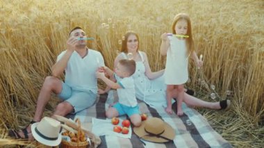 Baba ve kızı aile pikniğinde baloncuk yapıyor.