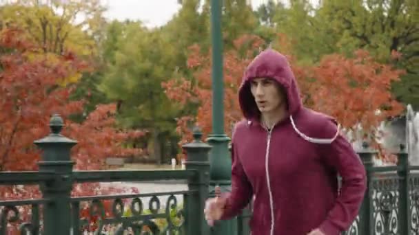 Mann mit Kapuze läuft im Herbst auf Brücke — Stockvideo