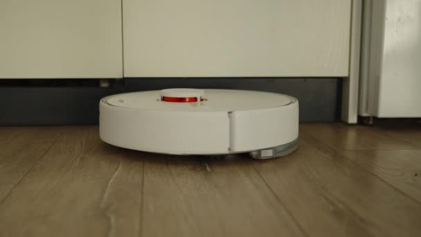 Robotic cleaner cleaning floor at home — Stock Video