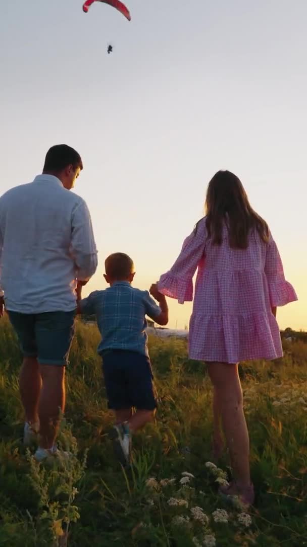 Vertikální obrazovka: Rodina se drží za ruce a při západu slunce kráčí po louce — Stock video