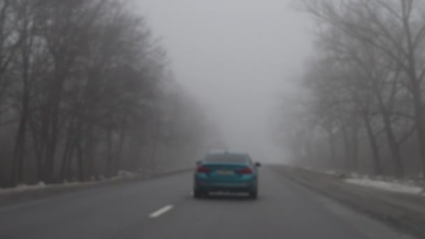 Автомобіль їде туманною дорогою в сільській місцевості — стокове відео