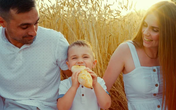 Jongen eet brood bij ouders bij de picknick Stockfoto