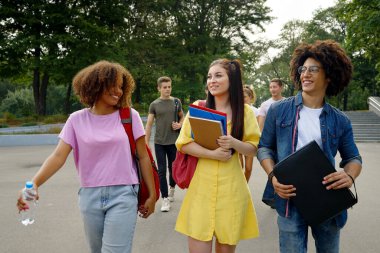 Dersten sonra birlikte yürüyen bir grup neşeli öğrenci.