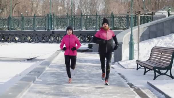 Weseli ludzie biegają razem w zimowym parku — Wideo stockowe