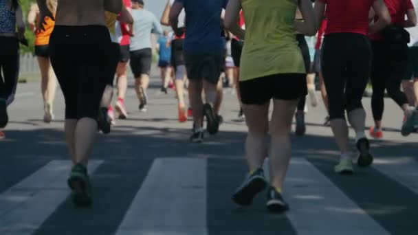 Spor Kıyafetleri Giymiş Asfalt Yolda Koşan Kavşaktan Geçen Arkadan Bakan — Stok video