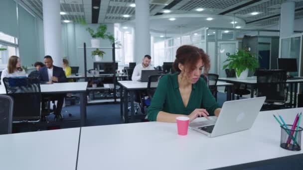 African American Female Employee Working Laptop Open Space Office Carton — Stock Video