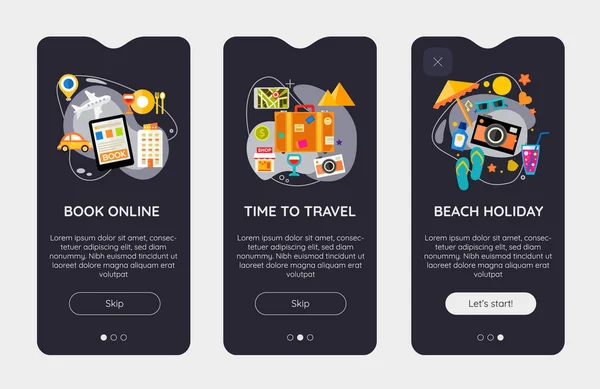 Flat Design Responsive Time Travel Mobile App Splash Screens Template — Stock Vector