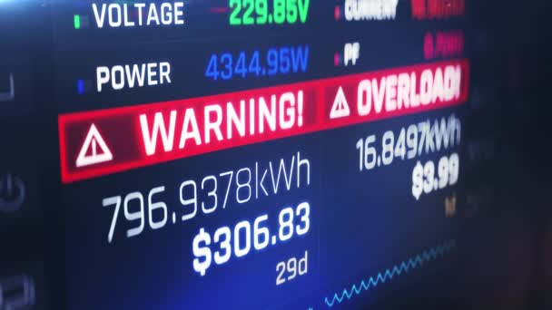 Energy Meter Screen Showing Warning Overload Alert Risk Fire Power — Stock Video