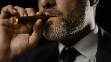 Güçlü hükümet üyesi puro içiyor, kendini beğenmiş, yakın plan çekimle karşı karşıya.
