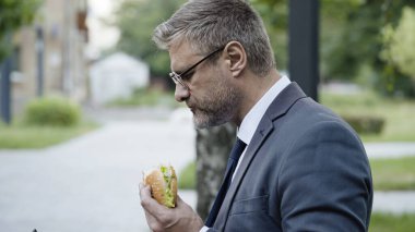 Aç bir ofis çalışanı mola sırasında parkta hamburger yiyor, sağlıksız bir yaşam tarzı.