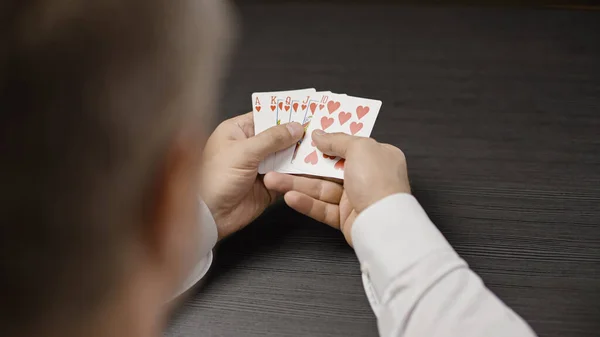 Male Poker Player Holding Royal Flush Card Combination Hands Successful — Stock Photo, Image