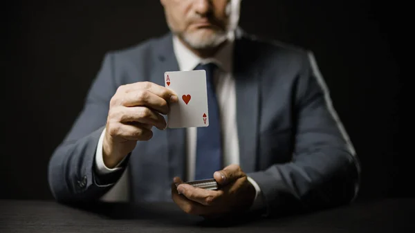 Bearded Businessman Suit Showing Ace Hearts Camera Gambling Luck — Stock Photo, Image