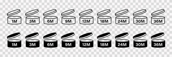 PAO cosmetic icons set, marks of period after opening . Expiration time after package opened, black and white labels. 1, 3, 6, 9, 12, 18, 24, 30, 36 month expirity on transparent background, vector
