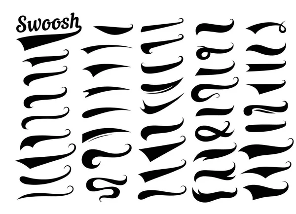 Swooshes texto colas para el diseño de béisbol. Deportes swash subrayan formas establecidas en estilo retro. Swish tipografía elementos de fuente para atletismo, béisbol, decoración de fútbol. Línea vectorial remolino negro — Archivo Imágenes Vectoriales