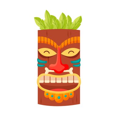 Tiki maskeli kabile. Beyaz arka planda izole edilmiş Hawaii totemi ya da Afrika Maya Aztek ahşap putu. Etnik ritüel başı, polinezya heykeli, çizgi film tarzı vektör.