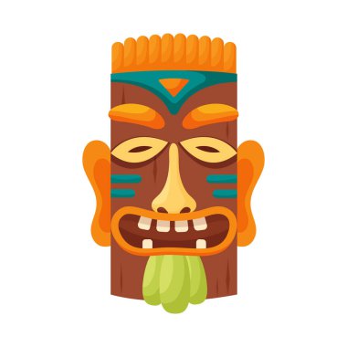 Tiki maskeli kabile. Beyaz arka planda izole edilmiş Hawaii totemi ya da Afrika Maya Aztek ahşap putu. Etnik ritüel başı, polinezya heykeli, çizgi film tarzı vektör.