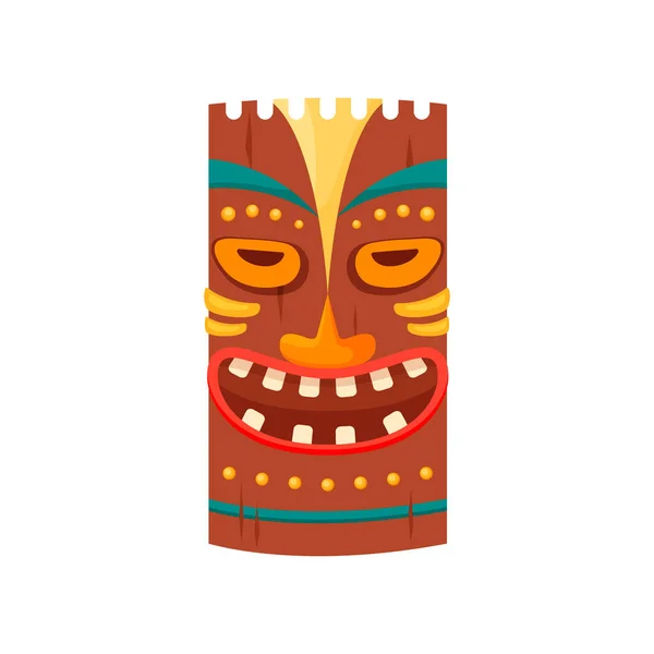 Máscara Tiki tribal. Tótem hawaiano o ídolo de madera azteca maya africana aislado sobre fondo blanco. Cabeza ritual étnico, estatua polinesia, vector de estilo de dibujos animados — Vector de stock