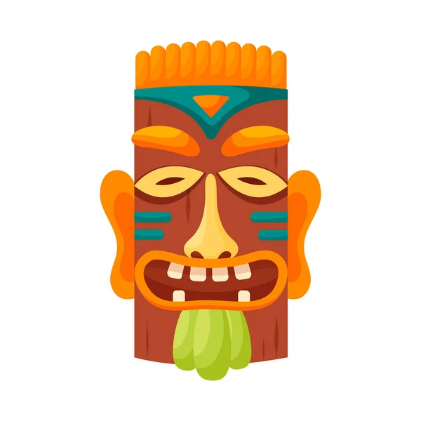 Tiki mask tribal. Hawaiian totem or african maya aztec wooden idol isolated on white background. Ethnic ritual head, polynesian statue, cartoon style vector — Stock Vector