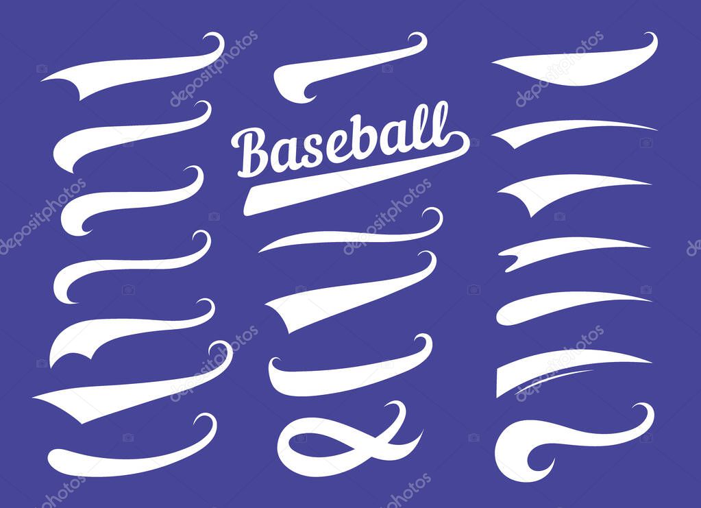 Swooshes text tails for baseball design. Sports swash underline shapes set in retro style. Swish typography font elements for athletics, baseball, football decoration. White swirl on blue, vector line