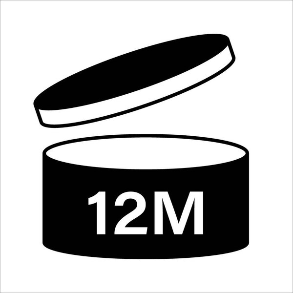 PAO cosmetic icon, mark of period after opening. Expiration time after package opened, black label. 12 month expirity on white background, vector illustration