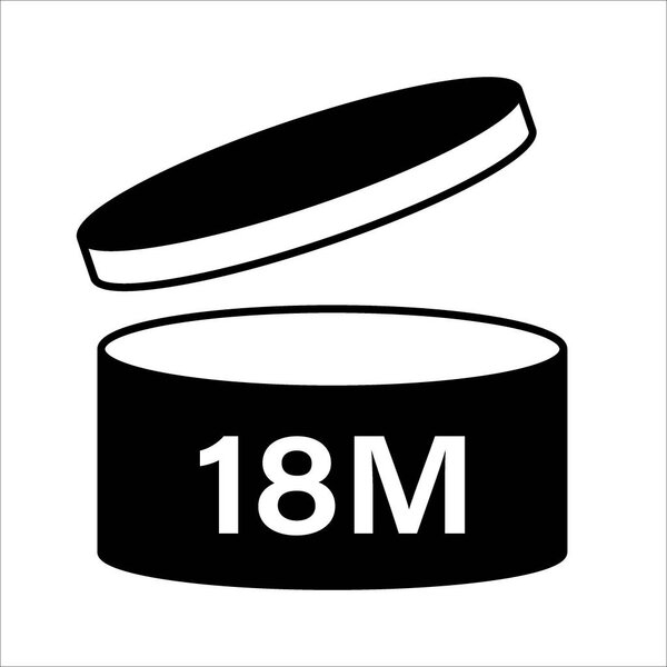PAO cosmetic icon, mark of period after opening. Expiration time after package opened, black label. 18 month expirity on white background, vector illustration