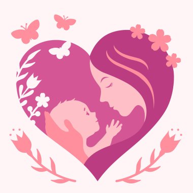 Anneler Günü tasarımı. Anne ve bebekle renkli bir tatil kartı..