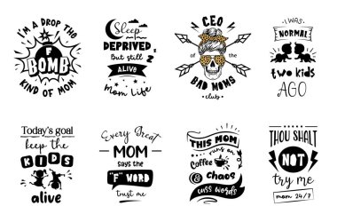 Anne amblemleri, işaretler ve tırnak içinde etiketler. Ana vektör tasarımları kümesi.