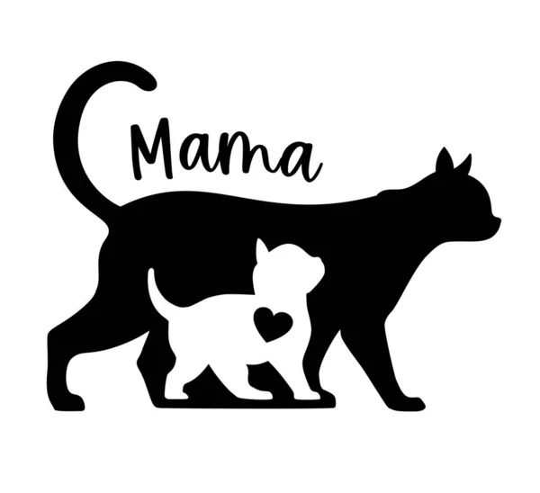 Kat met poesje. Vector silhouetten van mama en baby dier geïsoleerd op witte achtergrond. embleem, pictogram of logo van huisdier. Vectorbeelden